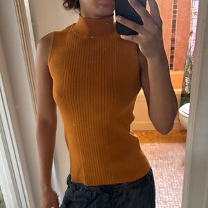 Sleeveless Mustard Ribbed Turtleneck Top